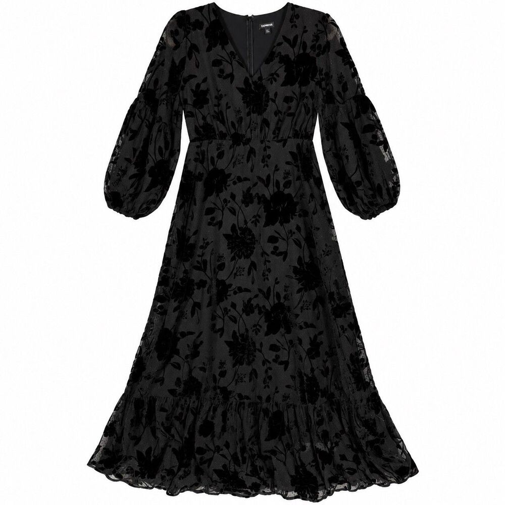 Express Women Medium Black Velvet Burnout Floral Maxi Dress Sheer Balloon Sleeve